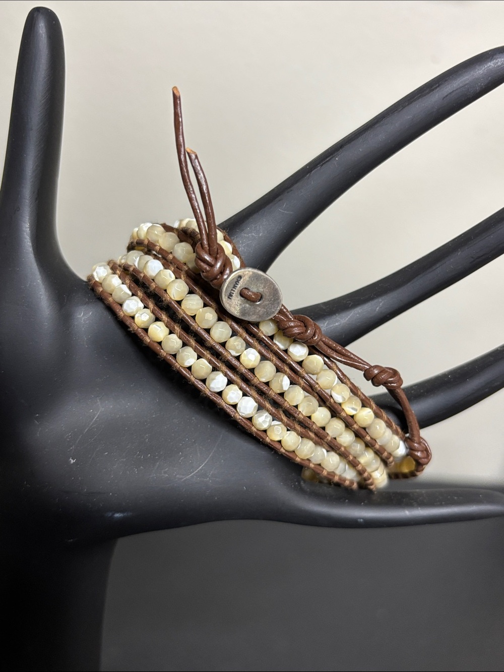 Chan Luu 925 Marked Mother of Pearl Cream Beaded Brown Leather Wrap Bracelet